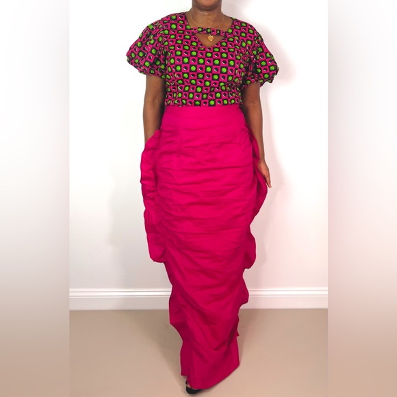 African Print Ankara Multicolor Statement Sleeve Cutout Top and Maxi Skirt Set - Picture 2 of 9